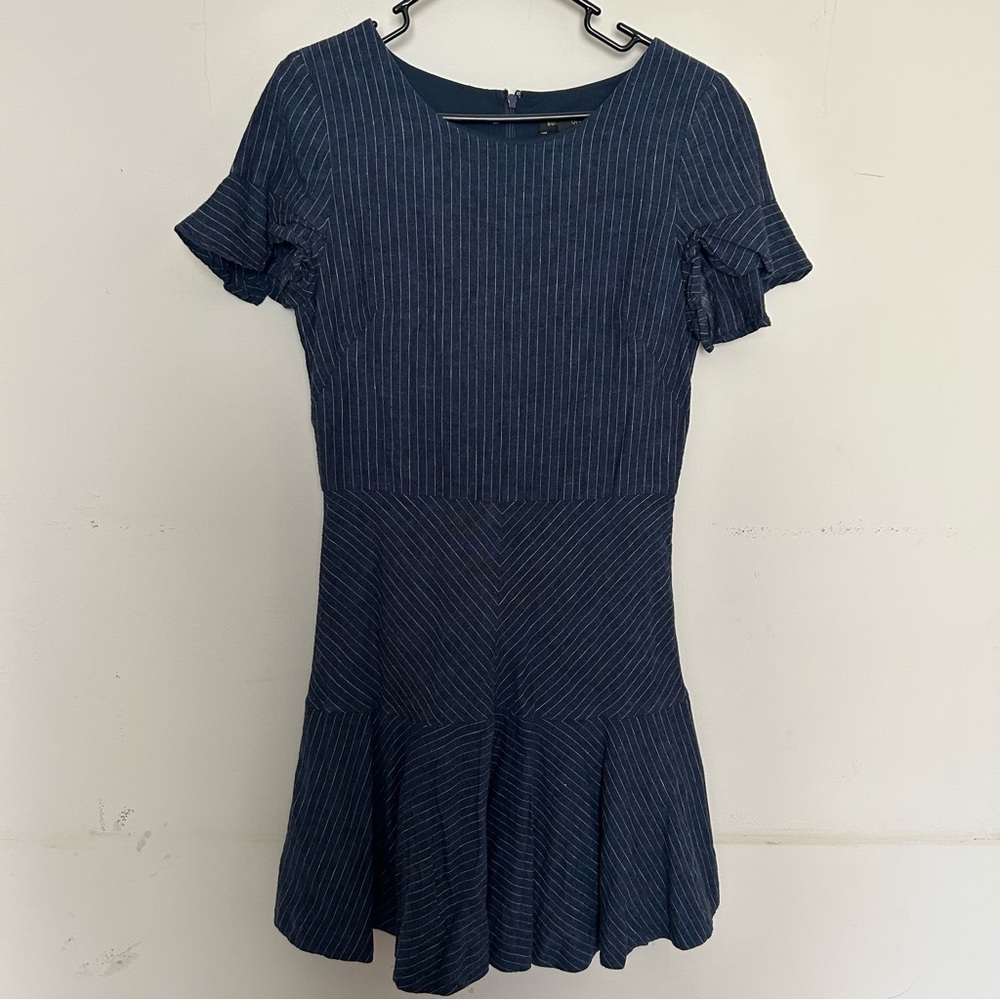 Blue White Pinstripe Short Sleeve Tiered Drop Waist Fit and Flare Dress